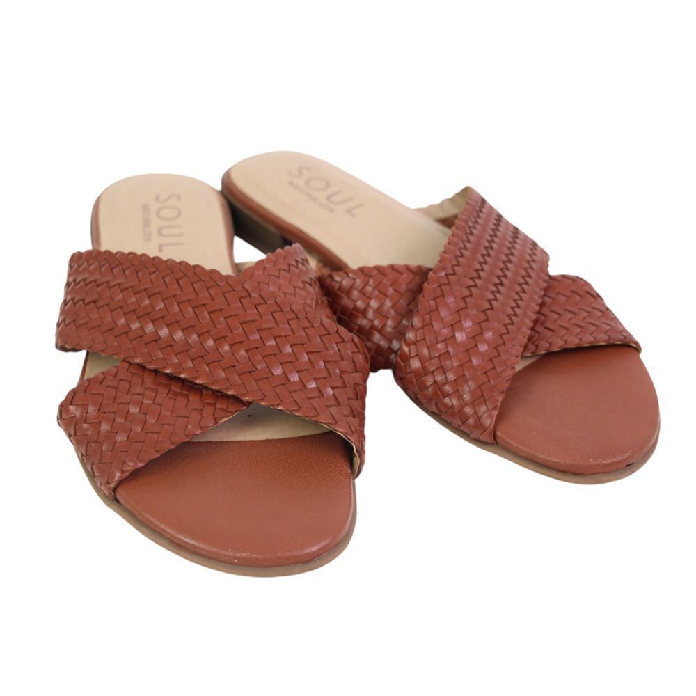 SOUL Naturalizer BRAIDED BROWN LEATHER LOW HEEL OPEN TOE SANDALS MULES SHOES 9.5